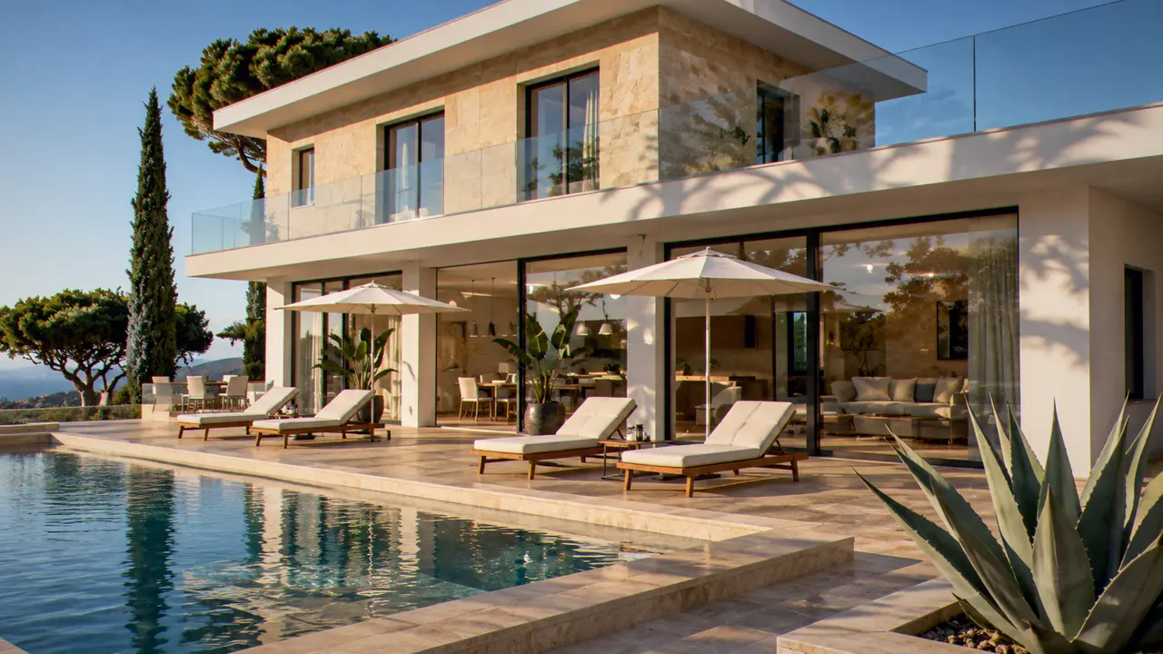 La villa entière derrière son bassin, depuis le bout de la terrasse