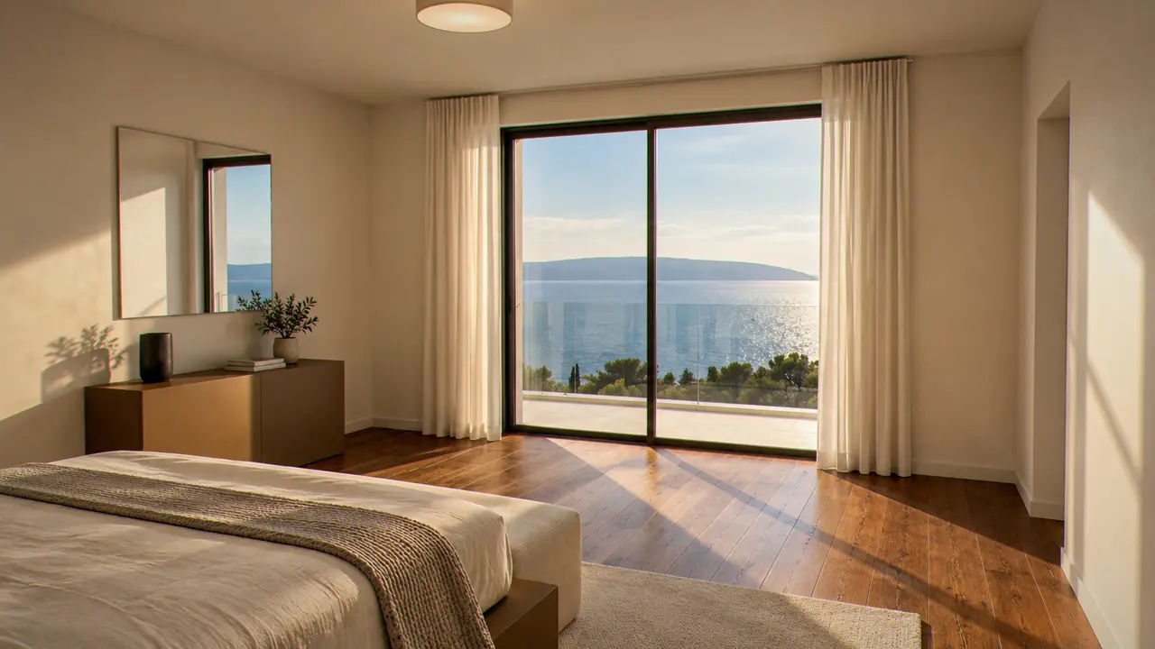 La chambre principale, le lit face à la porte-fenêtre ouverte sur la mer