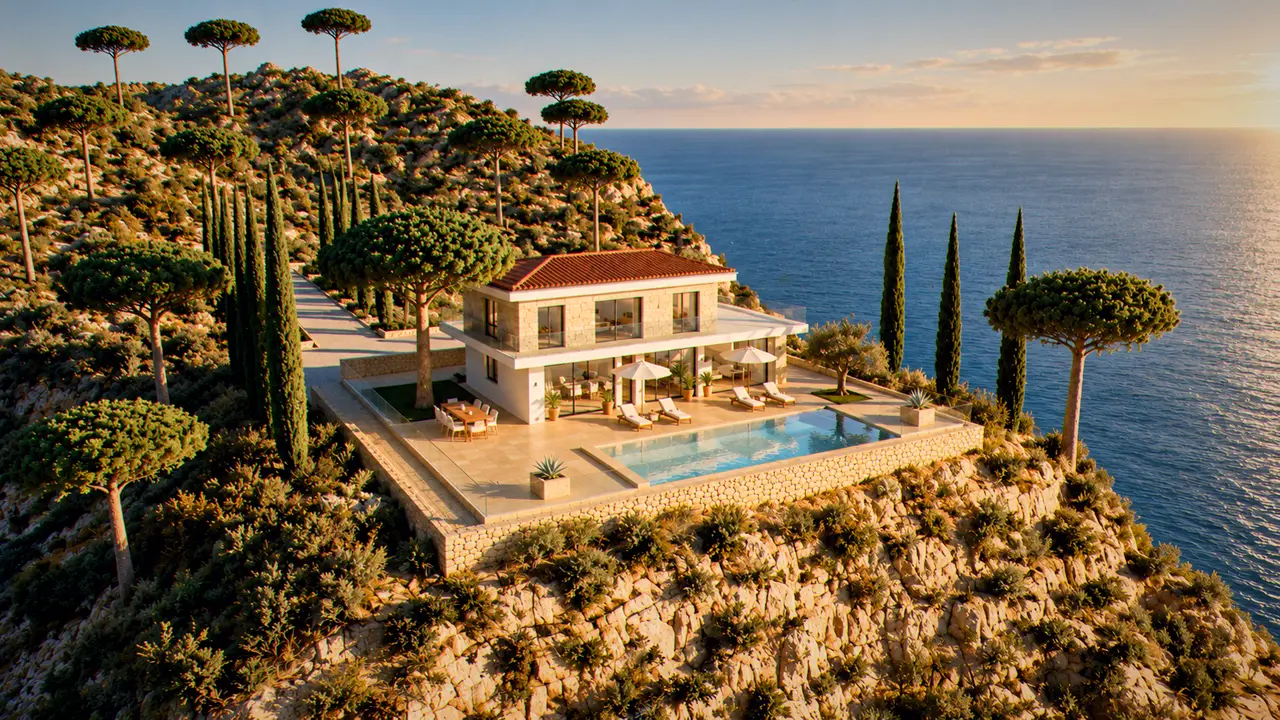 La villa sur son promontoire de garrigue, vue depuis la mer, le bassin au bord de la roche