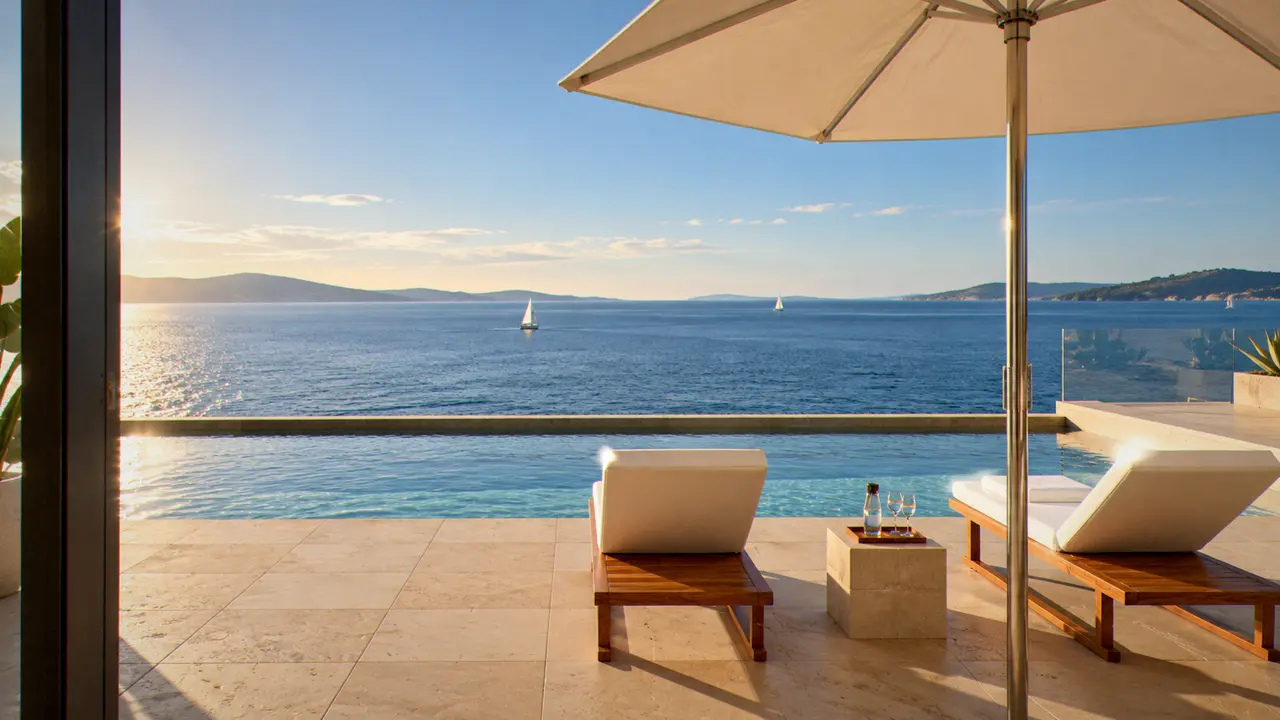 Deux bains de soleil sous le parasol, face à la mer